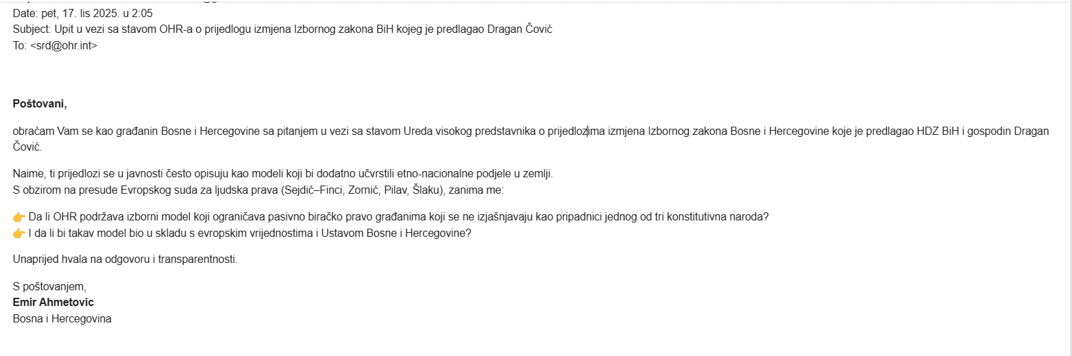 Screenshot e-maila poslanog Uredu visokog predstavnika OHR u Bosni i Hercegovini o izbornom zakonu